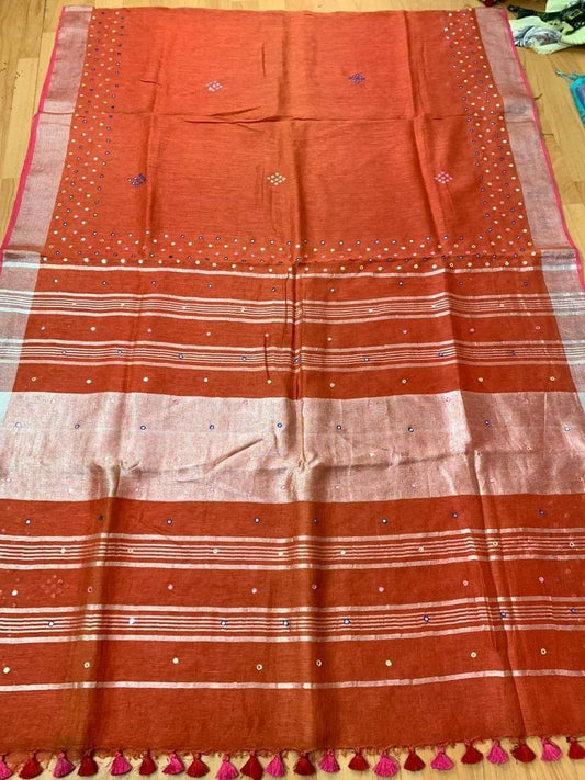 Rust Orange Handmade Pure Linen Saree | Red Border | Mirror Work | KIHUMS Saree