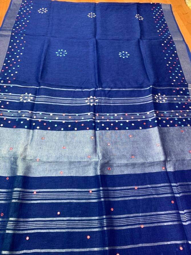 Blue Handmade Pure Linen Saree | Red Border | Mirror Work | KIHUMS Saree