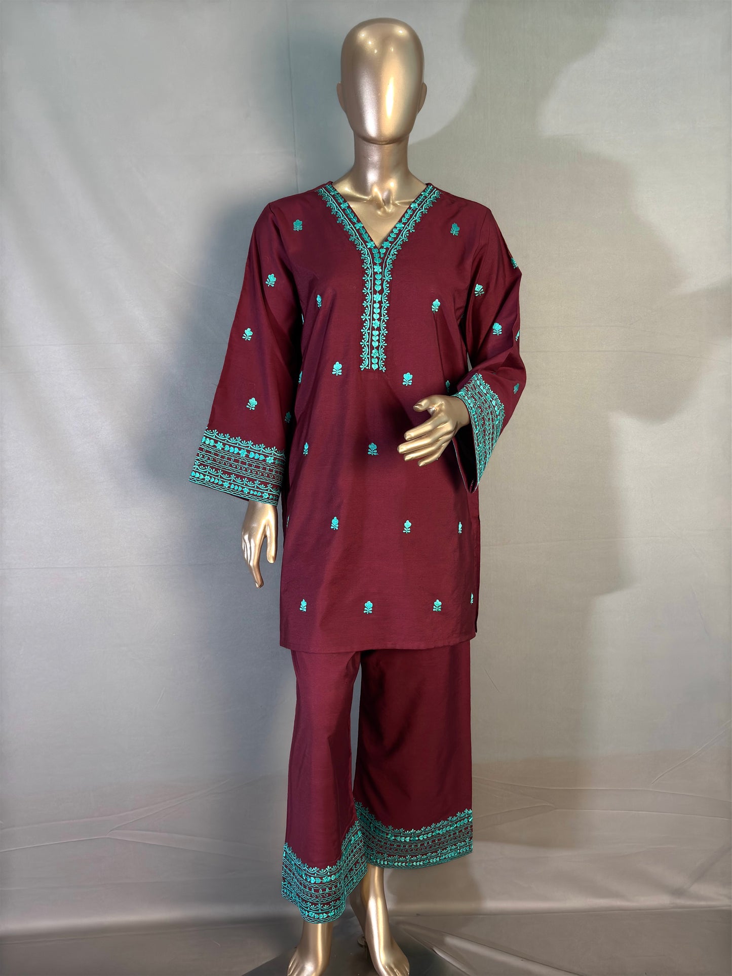 Maroon with Turquoise Embroidered Pakistani Style Co-ord sets