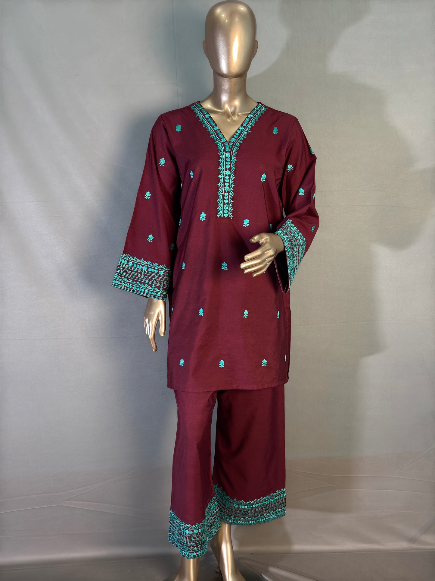 Maroon with Turquoise Embroidered Pakistani Style Co-ord sets