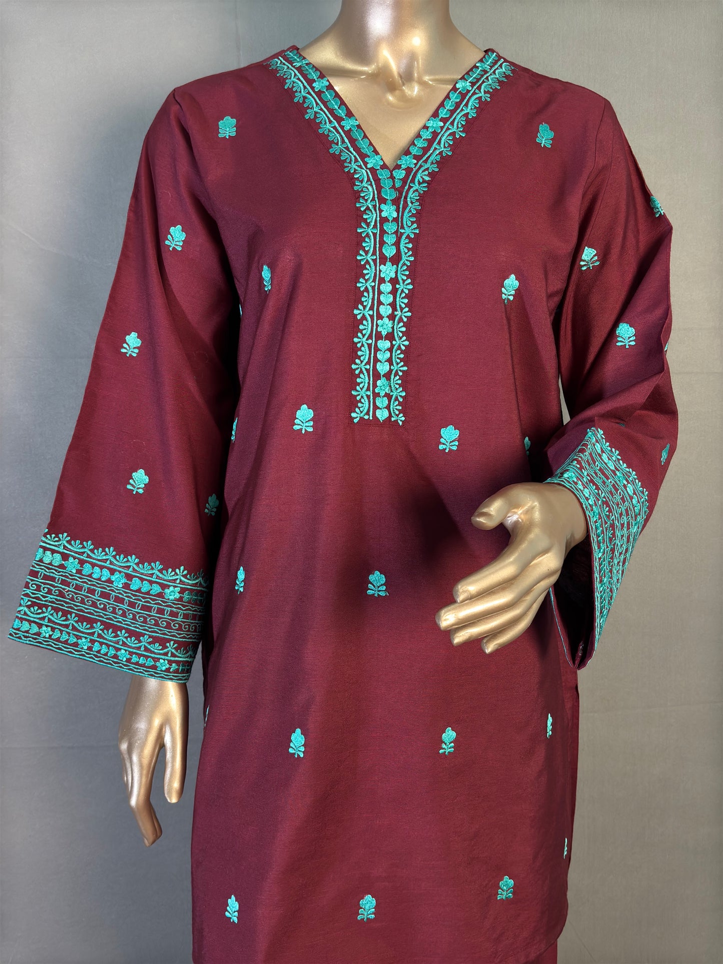 Maroon with Turquoise Embroidered Pakistani Style Co-ord sets