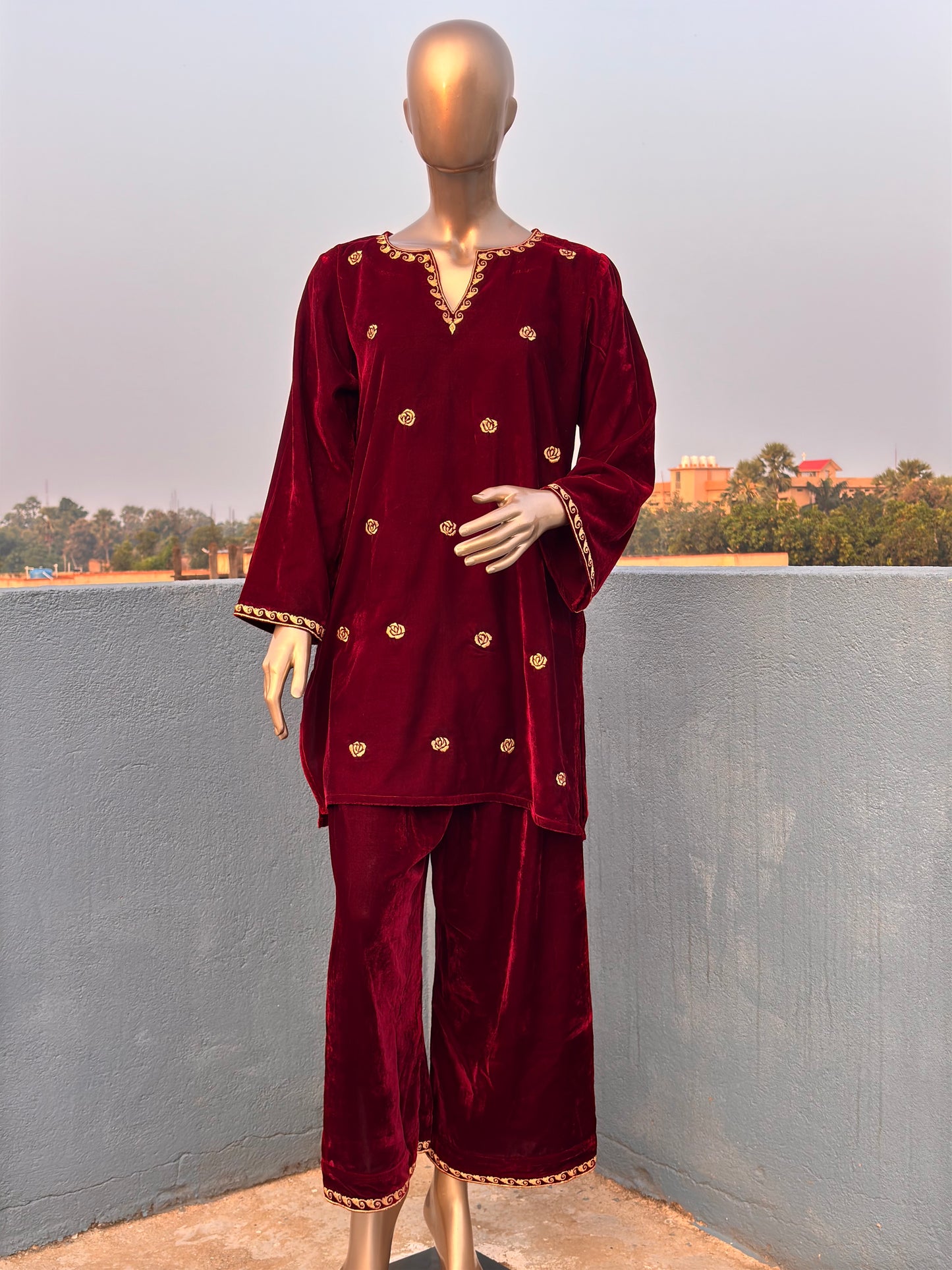 Maroon Shade Zari Embroidered Velvet Co-ord sets | Kurta with Palazzos