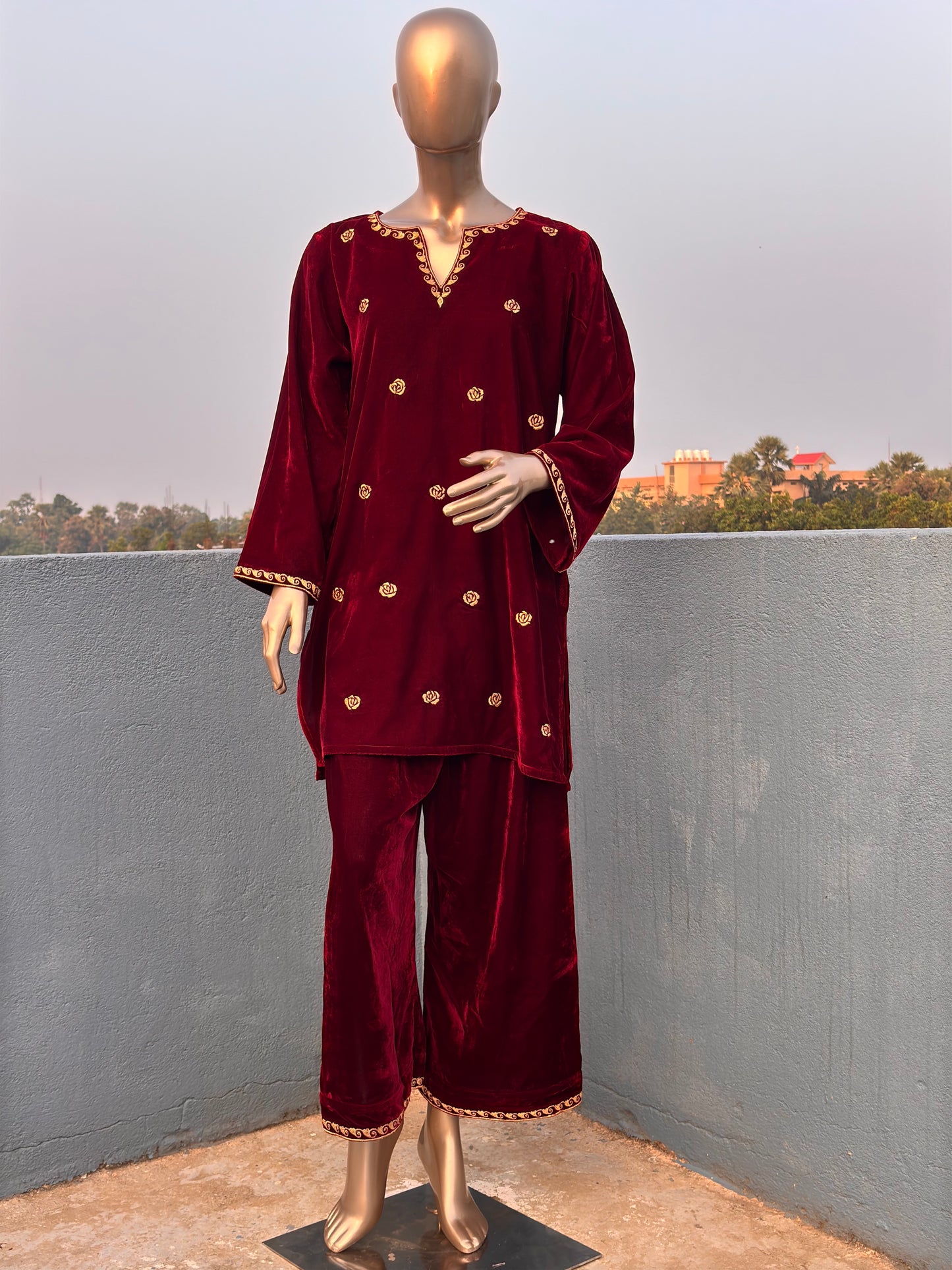 Maroon Shade Zari Embroidered Velvet Co-ord sets | Kurta with Palazzos