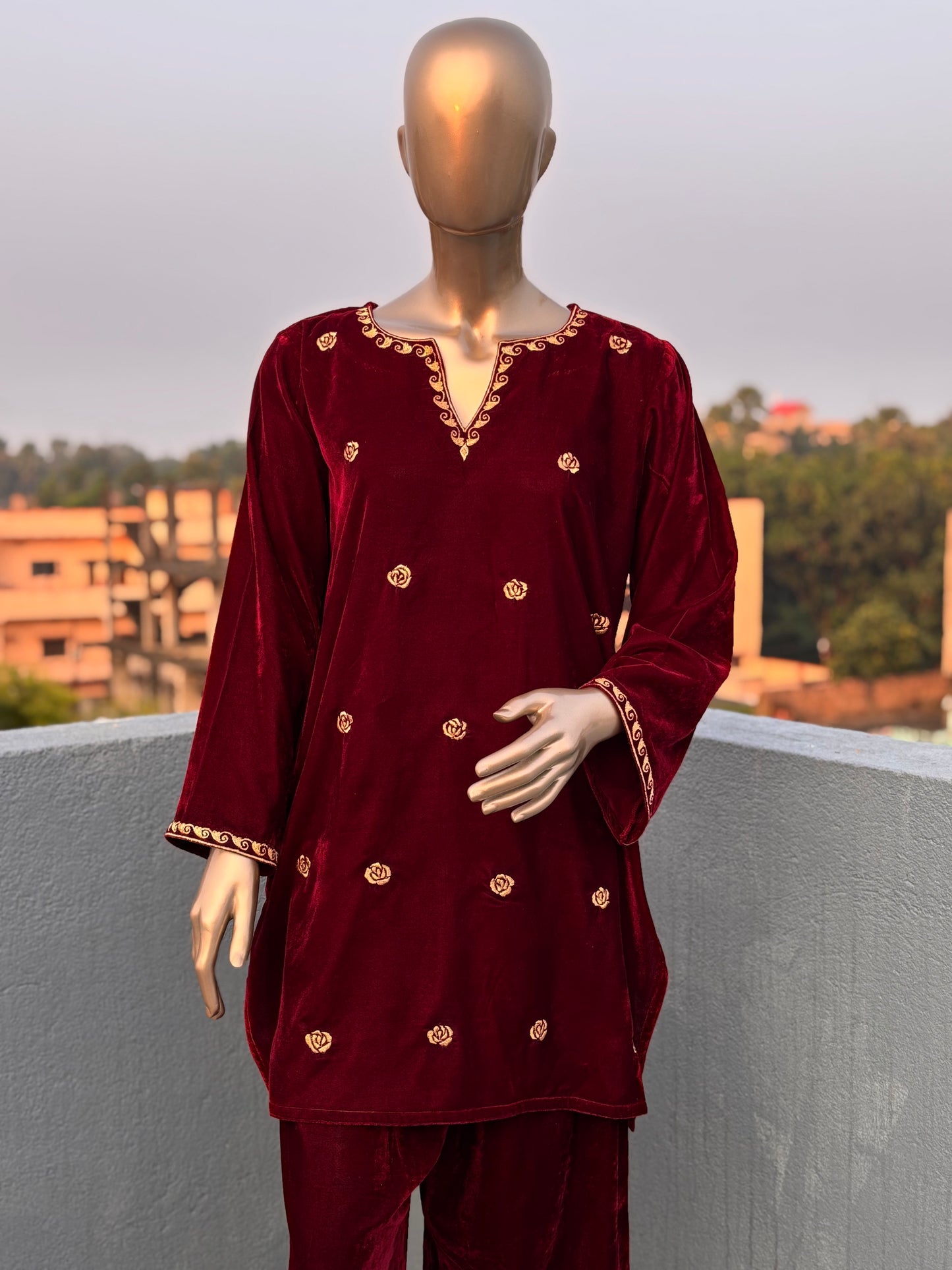 Maroon Shade Zari Embroidered Velvet Co-ord sets | Kurta with Palazzos