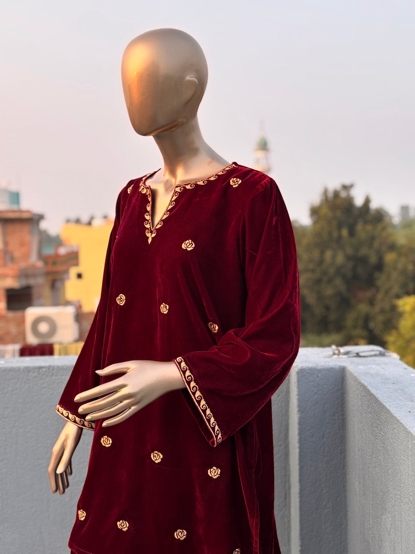 Maroon Shade Zari Embroidered Velvet Co-ord sets | Kurta with Palazzos