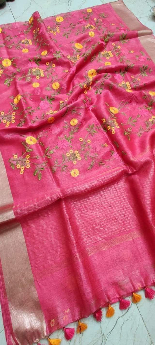 Coral Pink Shade Silk Linen Saree with Floral Embroidery | KIHUMS Saree