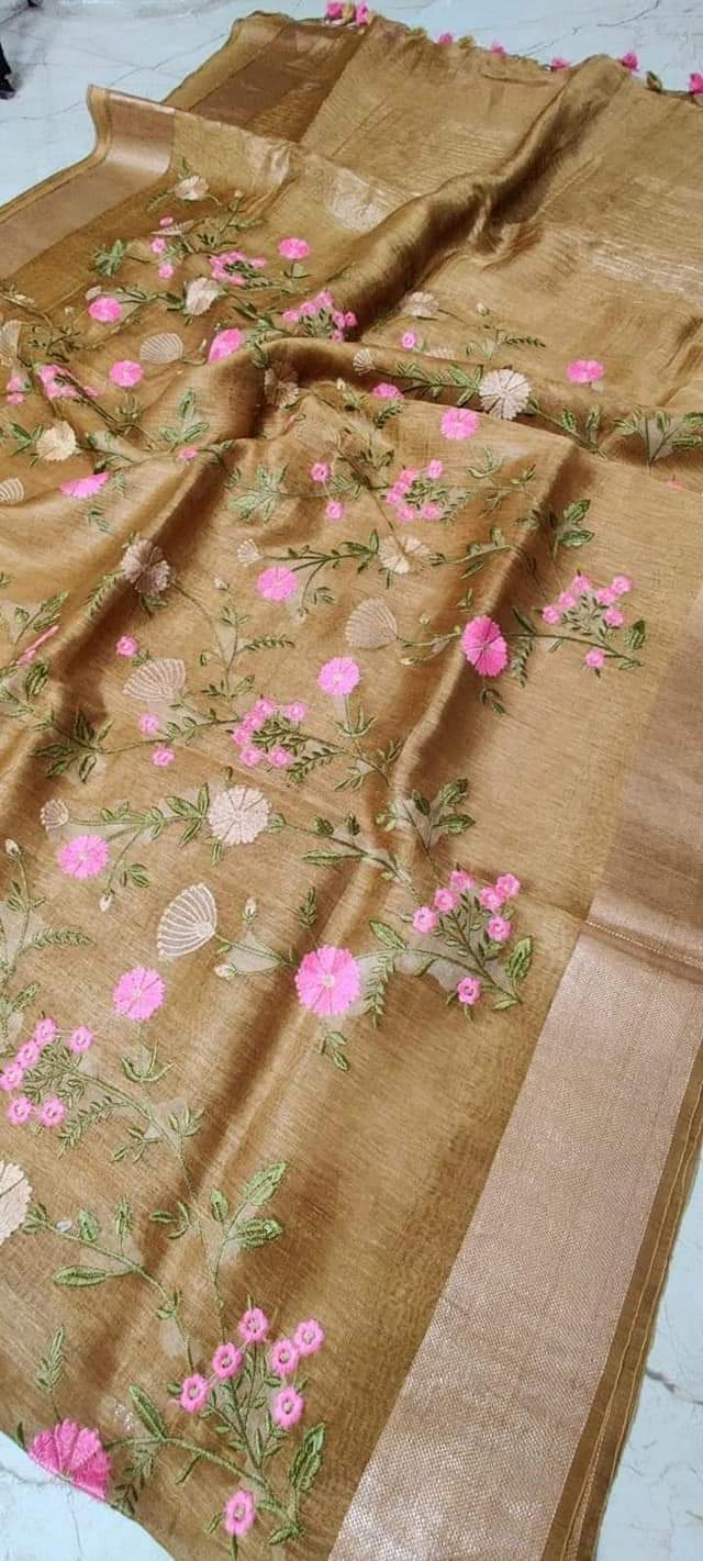 Golden Shade Silk Linen Saree with Floral Embroidery | KIHUMS Saree
