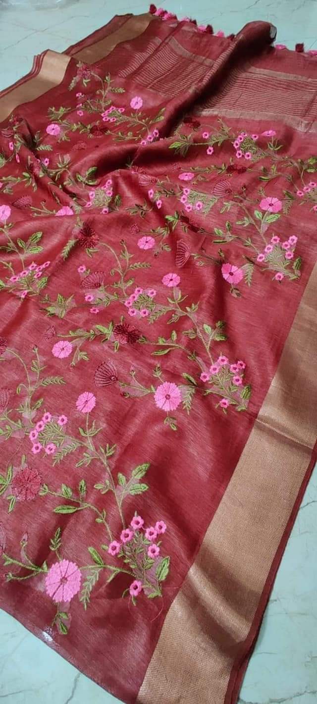 Dark Rust Shade Silk Linen Saree with Floral Embroidery | KIHUMS Saree