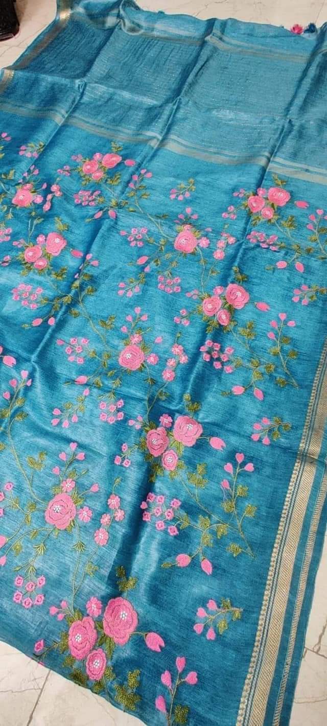 Blue Shade Silk Linen Saree with Floral Embroidery | KIHUMS Saree