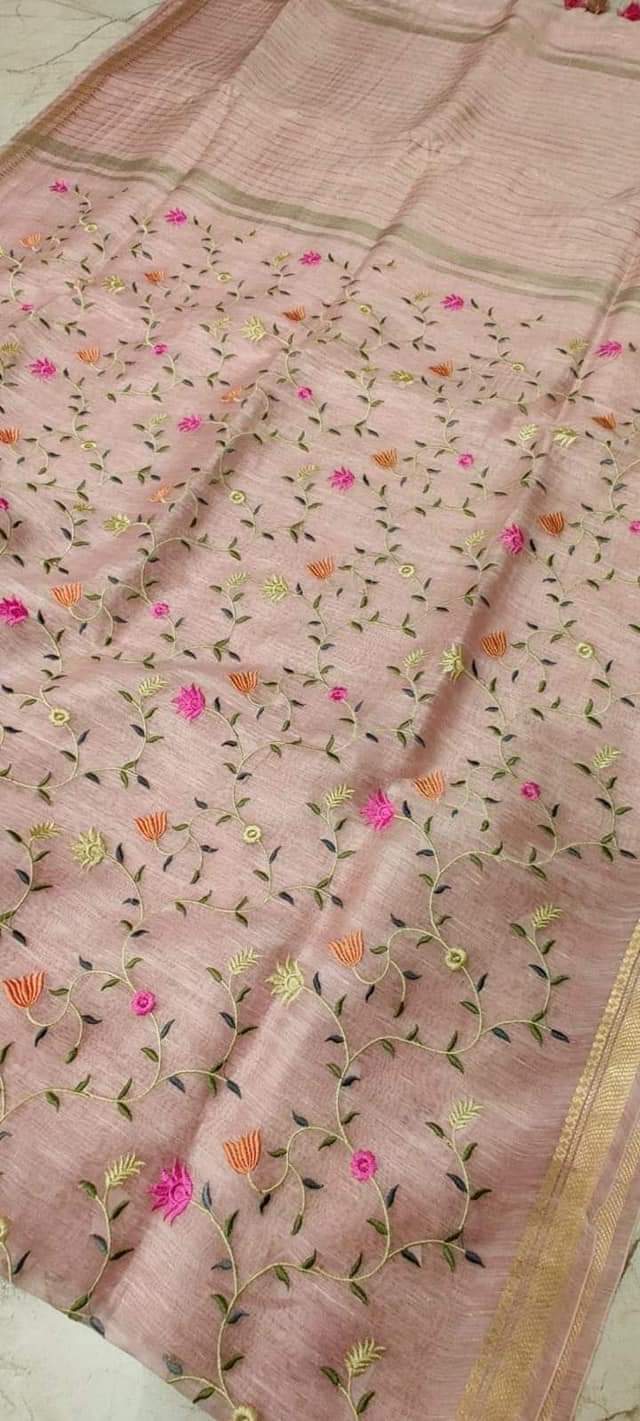 Pastel Pink Shade Silk Linen Saree with Floral Embroidery | KIHUMS Saree