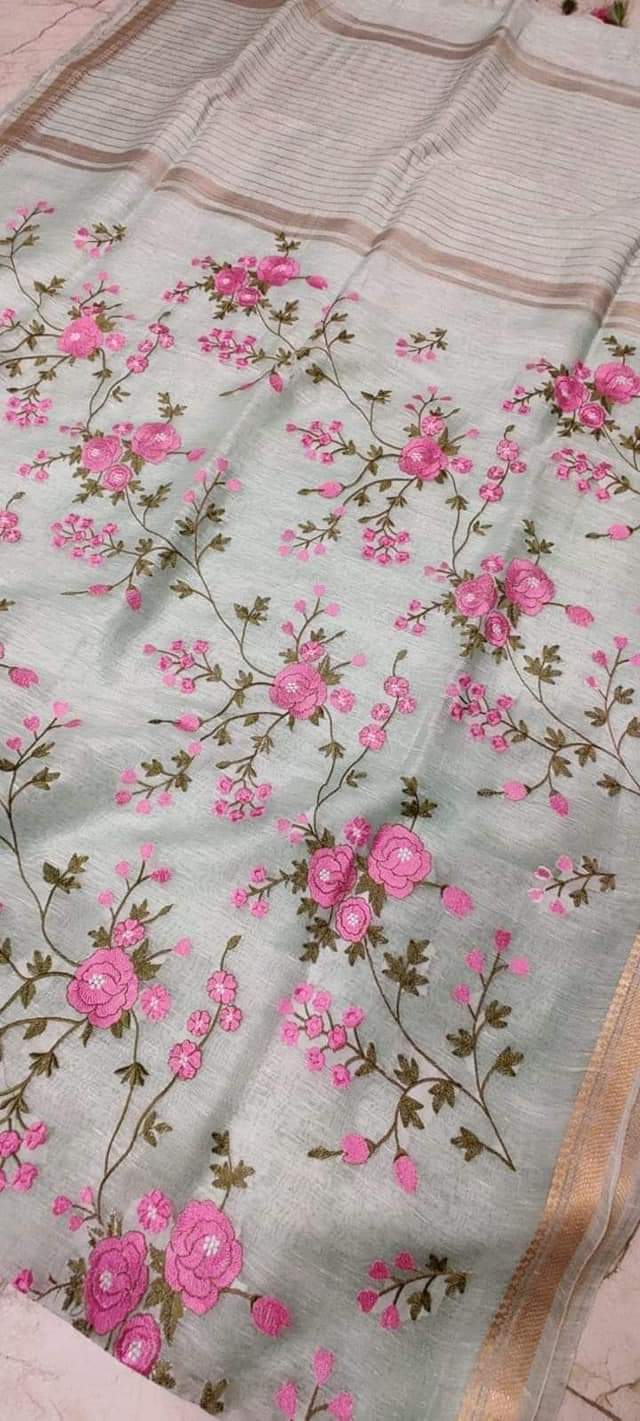 Mint Shade Silk Linen Saree with Floral Embroidery | KIHUMS Saree