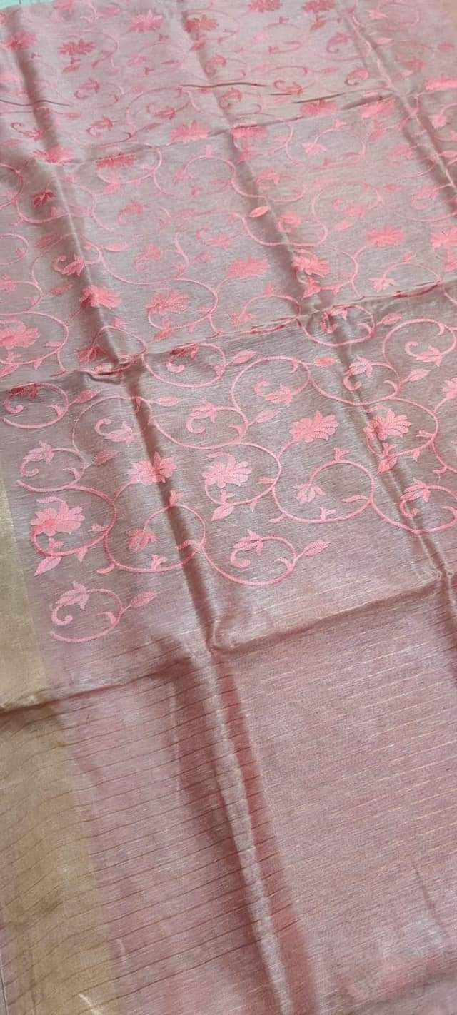 Pastel Pink Shade Silk Linen Saree with Floral Embroidery | KIHUMS Saree