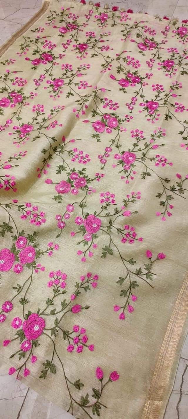Light Yellow Shade Silk Linen Saree with Floral Embroidery | KIHUMS Saree