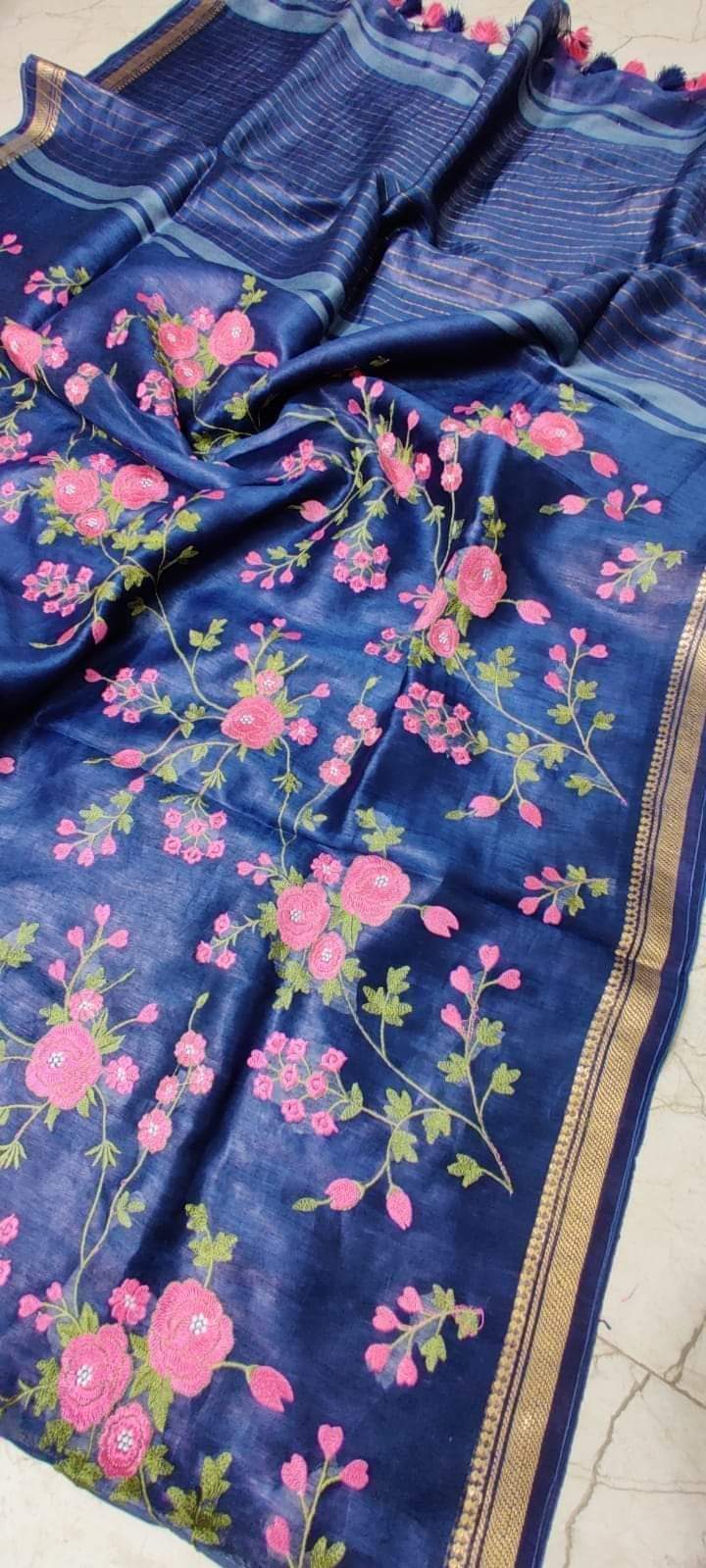 Blue Silk Linen Saree with Floral Embroidery | KIHUMS Saree
