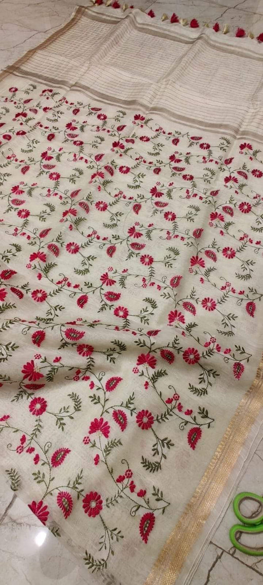Off White Silk Linen Saree with Floral Embroidery | KIHUMS Saree