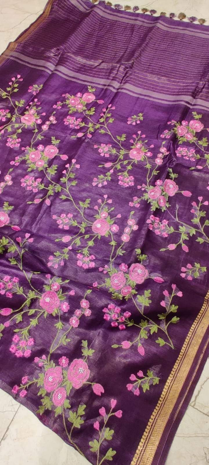 Purple Silk Linen Saree with Floral Embroidery | KIHUMS Saree