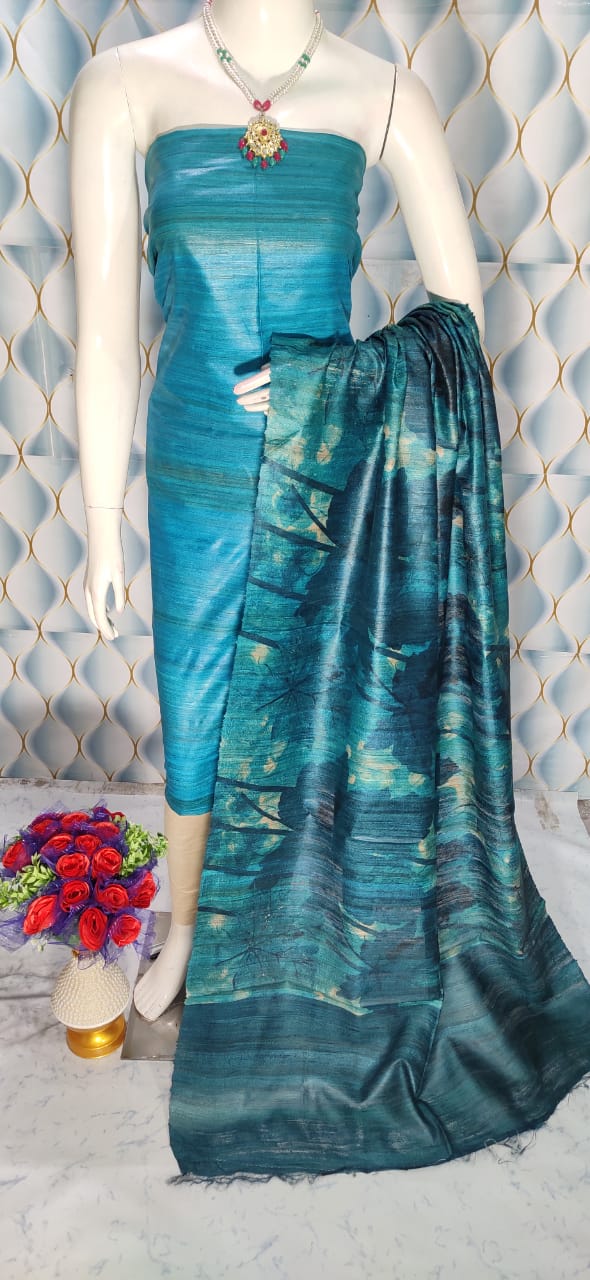 Blue Shade Handloom Tussar Silk Unstitched Dress Material