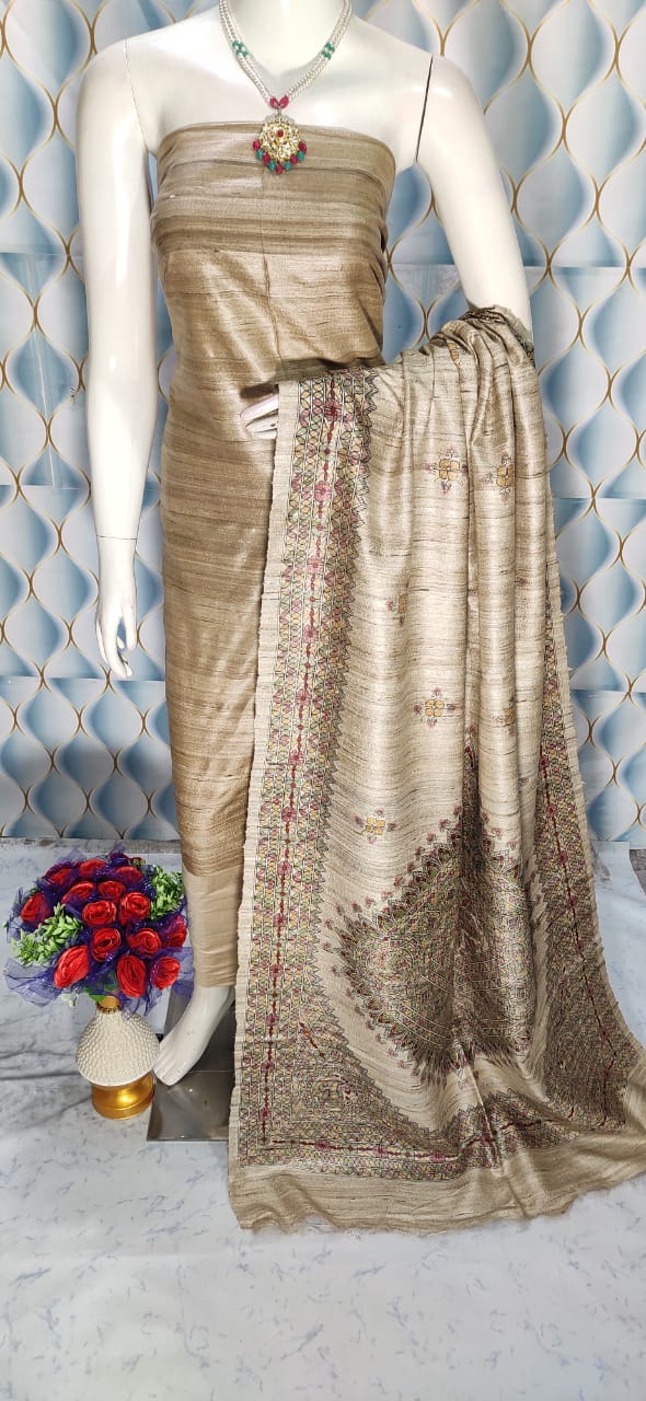 Beige Shade Handloom Tussar Silk Unstitched Dress Material