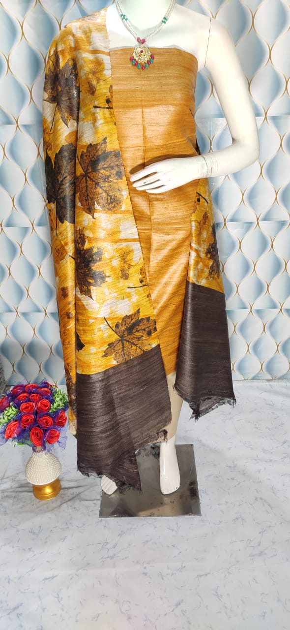 Yellow Shade Handloom Tussar Silk Unstitched Dress Material