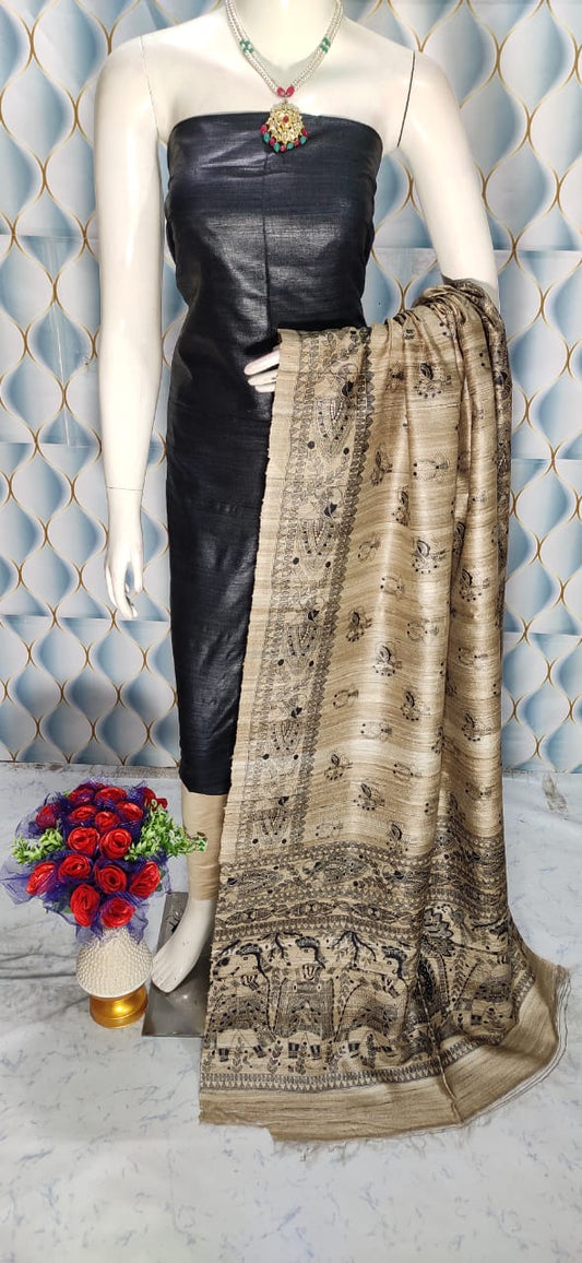 Black Shade Handloom Tussar Silk Unstitched Dress Material