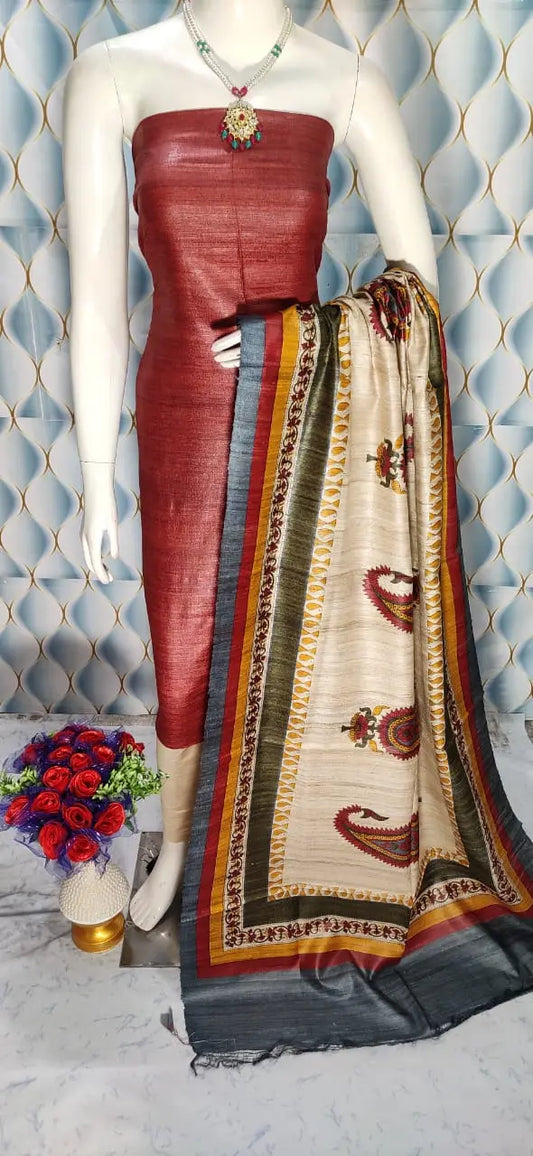 Maroon Shade Handloom Tussar Silk Unstitched Dress Material kihums clothing