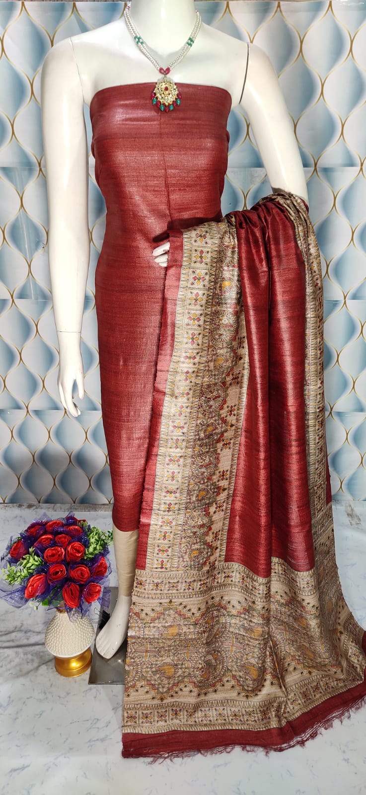 Maroon Shade Handloom Tussar Silk Unstitched Dress Material