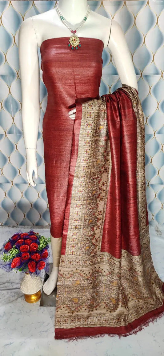 Maroon Shade Handloom Tussar Silk Unstitched Dress Material kihums clothing