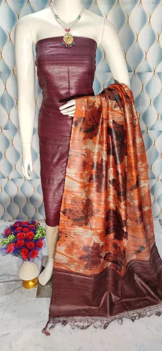 Wine Shade Handloom Tussar Silk Unstitched Dress Material kihums clothing