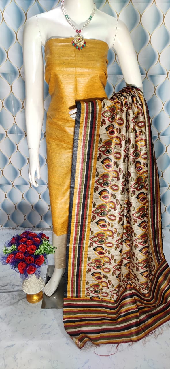 Yellow Shade Handloom Tussar Silk Unstitched Dress Material
