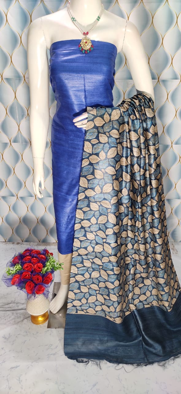 Indigo Handloom Tussar Silk Unstitched Dress Material