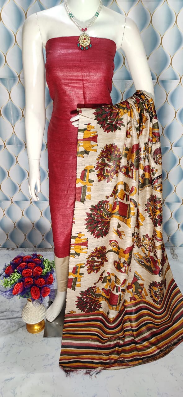 Red Handloom Tussar Silk Unstitched Dress Material