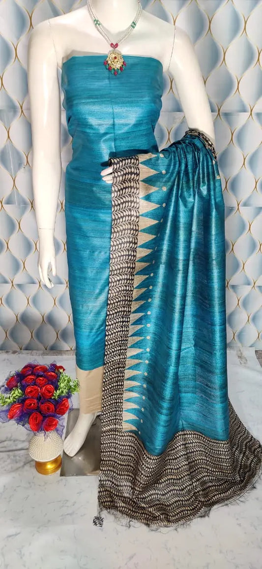 Blue Handloom Tussar Silk Unstitched Dress Material kihums clothing