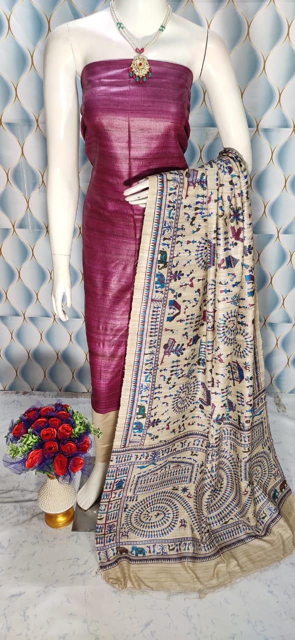 Magenta Handloom Tussar Silk Unstitched Dress Material