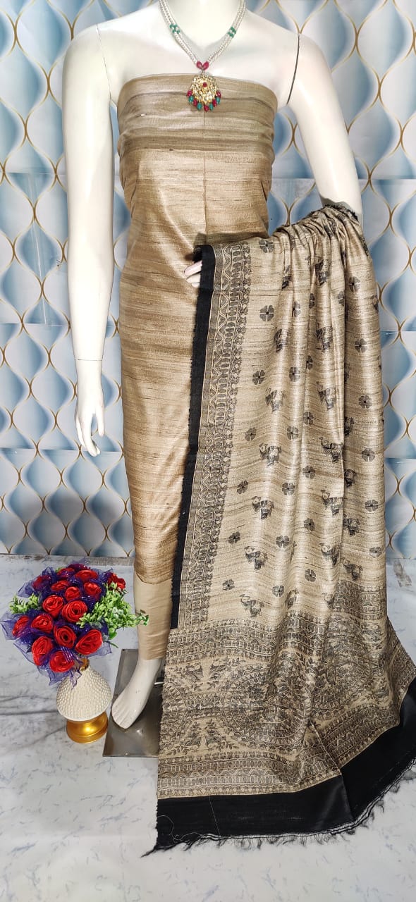 Beige Handloom Tussar Silk Unstitched Dress Material