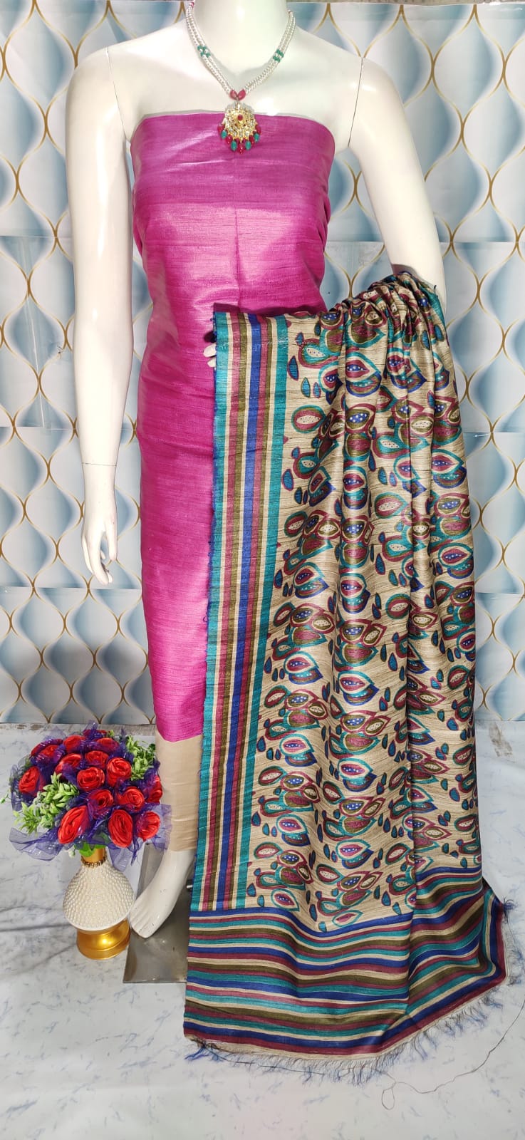 Pink Handloom Tussar Silk Unstitched Dress Material
