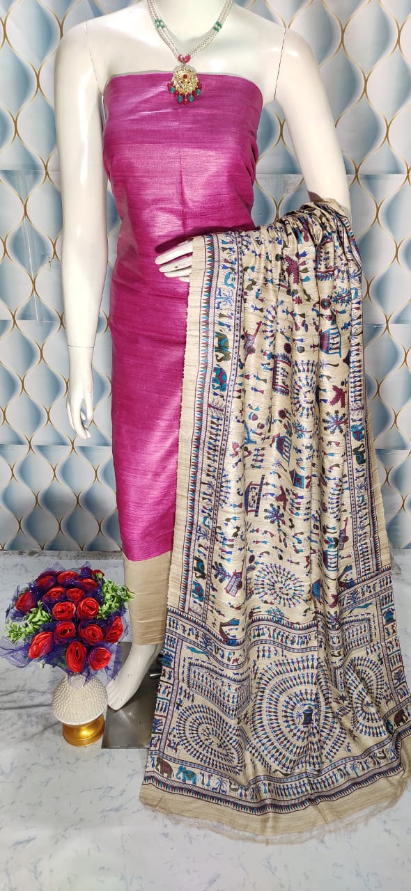 Pink Handloom Tussar Silk Unstitched Dress Material