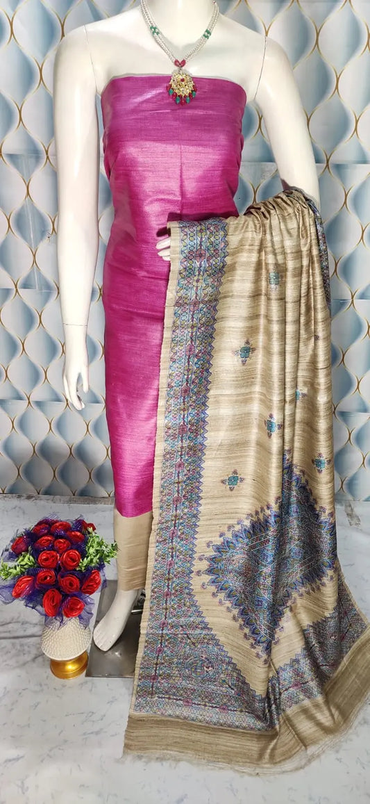 Pink Handloom Tussar Silk Unstitched Dress Material kihums clothing