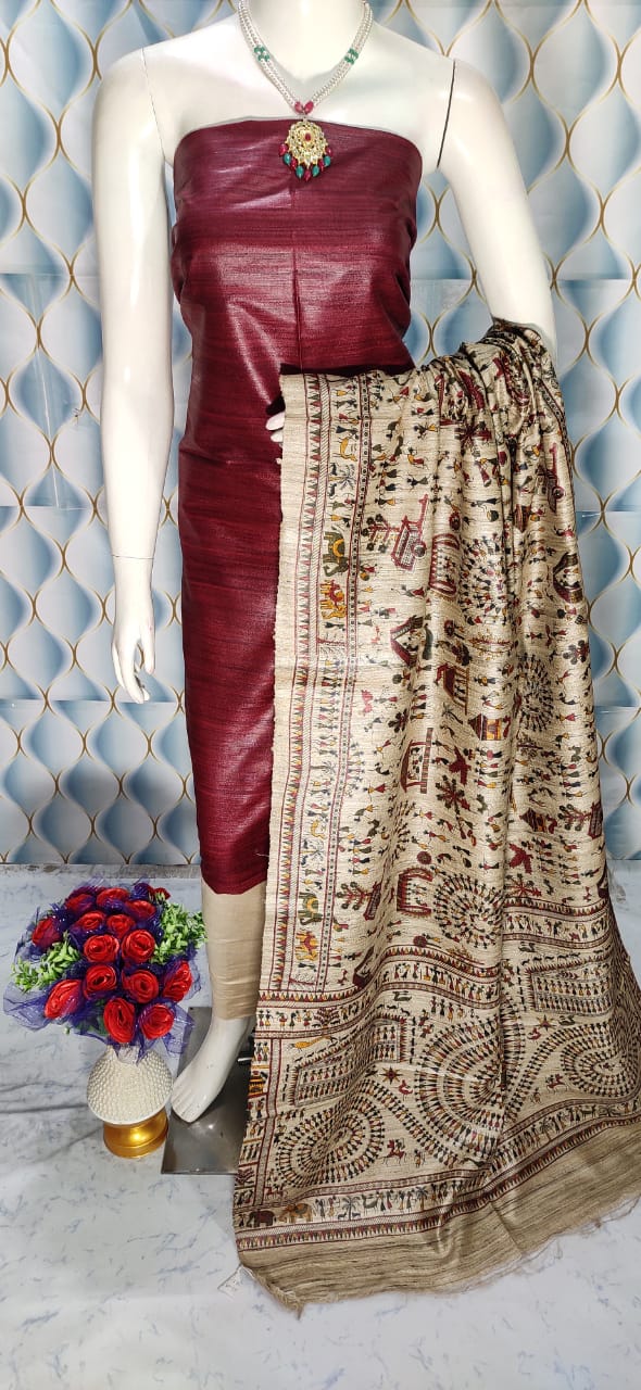 Wine Shade Handloom Tussar Silk Unstitched Dress Material