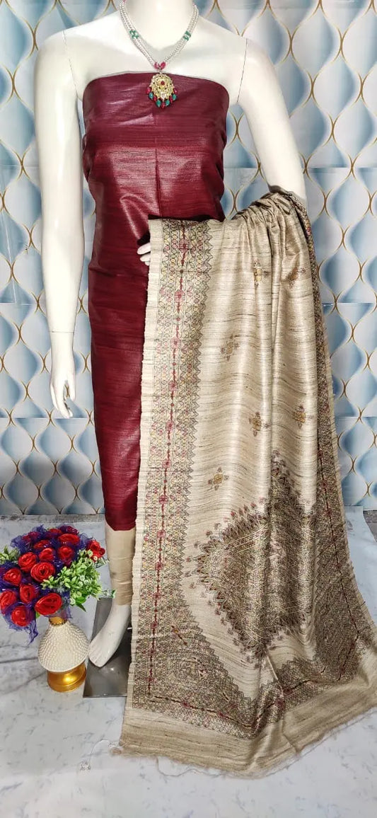 Wine Shade Handloom Tussar Silk Unstitched Dress Material kihums clothing