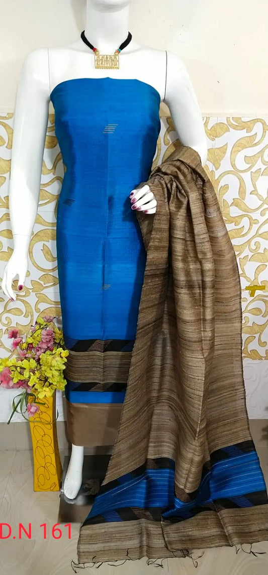 Blue Shade Handloom Dupion Tussar Silk Unstitched Dress Material kihums clothing