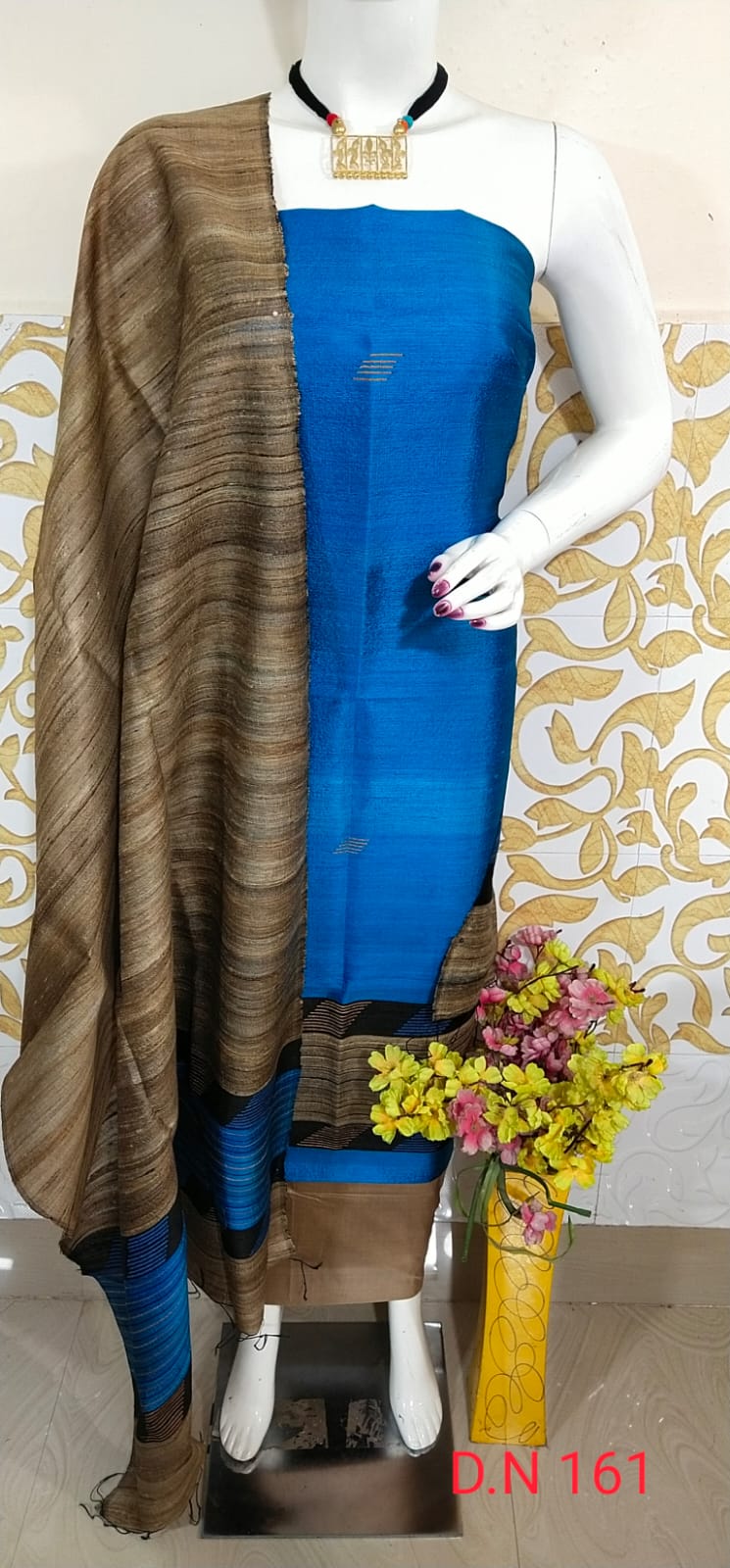 Blue Shade Handloom Dupion Tussar Silk Unstitched Dress Material