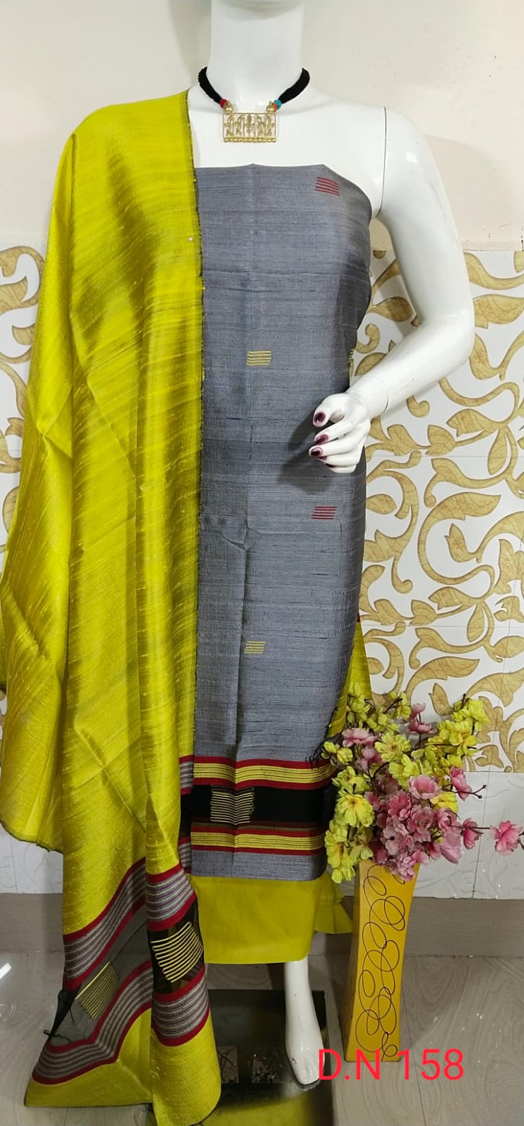 Grey Shade Handloom Dupion Tussar Silk Unstitched Dress Material