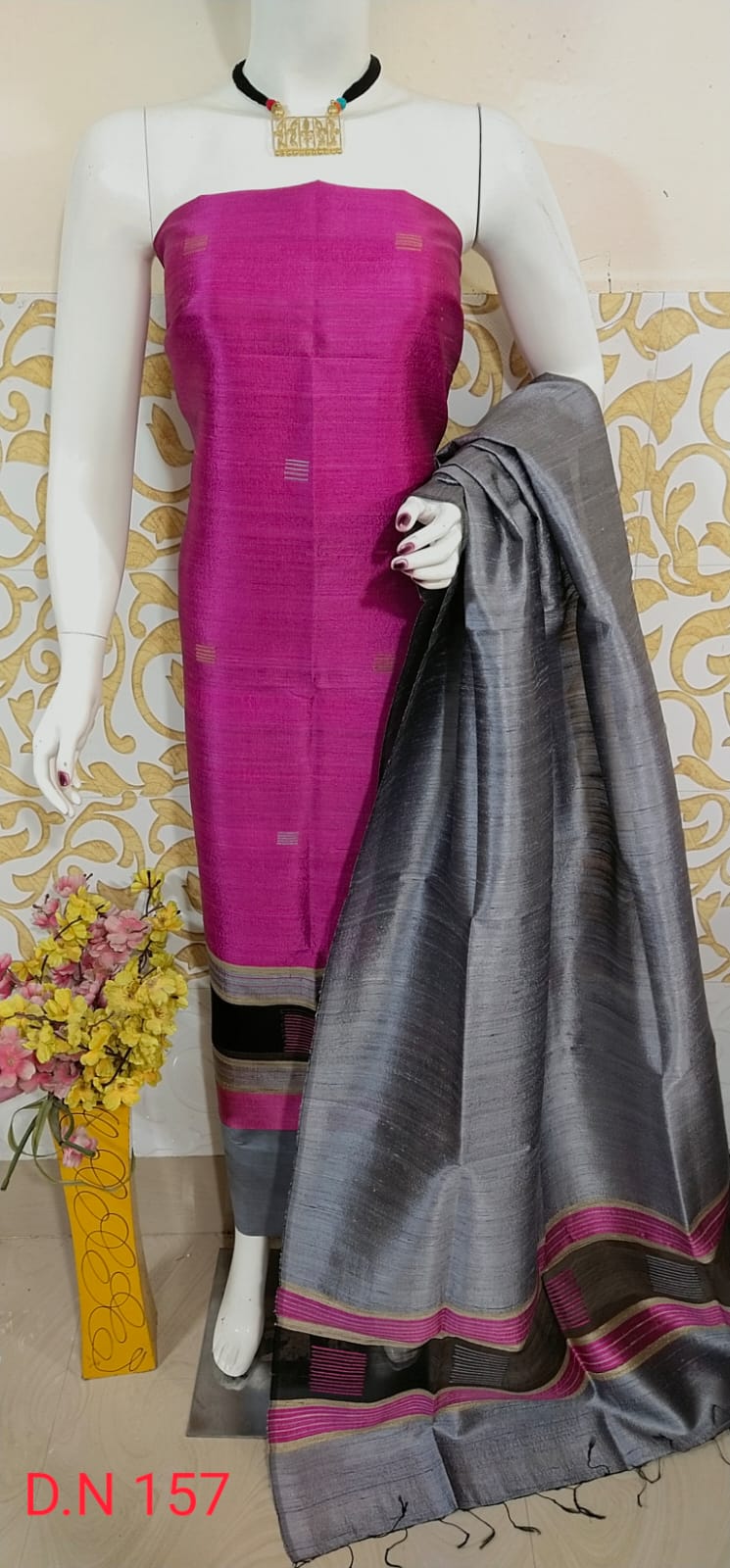 Pink Shade Handloom Dupion Tussar Silk Unstitched Dress Material
