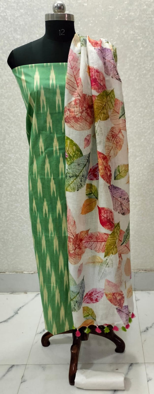 Green Shade Handloom Ikkat Top and Printed Linen Dupatta 2Pc Unstitched Dress Material