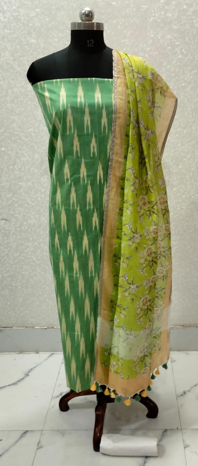 Green Shade Handloom Ikkat Top and Printed Linen Dupatta 2Pc Unstitched Dress Material