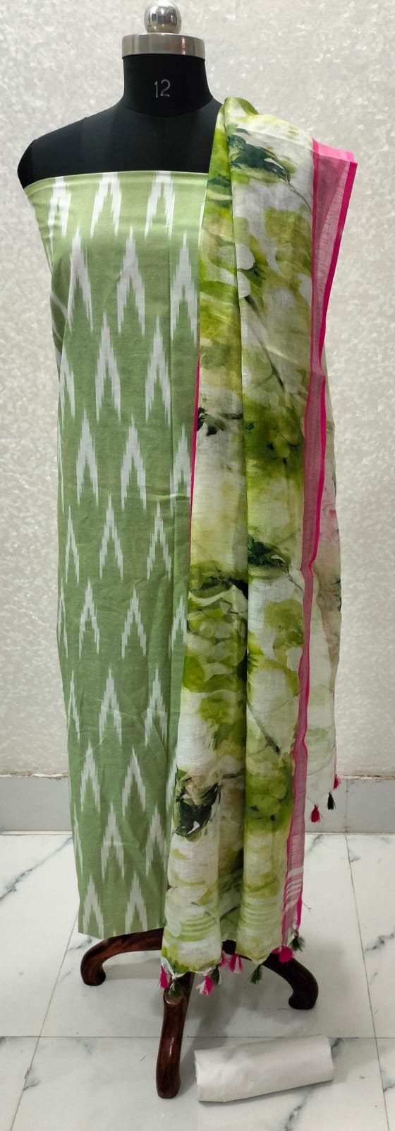 Green Handloom Ikkat Top and Printed Linen Dupatta 2Pc Unstitched Dress Material