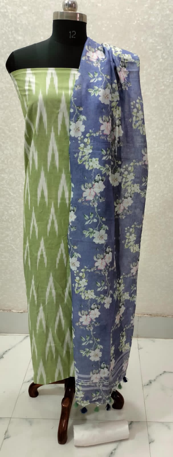 Green Handloom Ikkat Top and Printed Linen Dupatta 2Pc Unstitched Dress Material