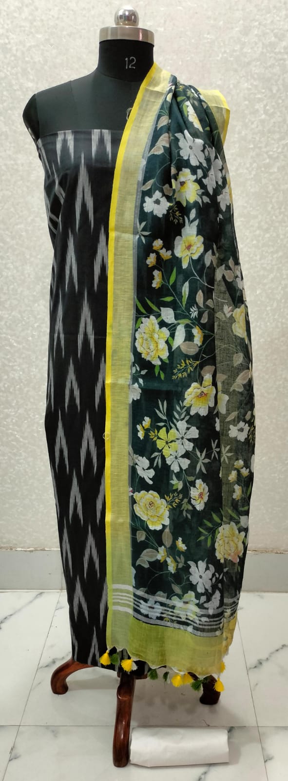 Black Handloom Ikkat Top and Printed Linen Dupatta 2Pc Unstitched Dress Material