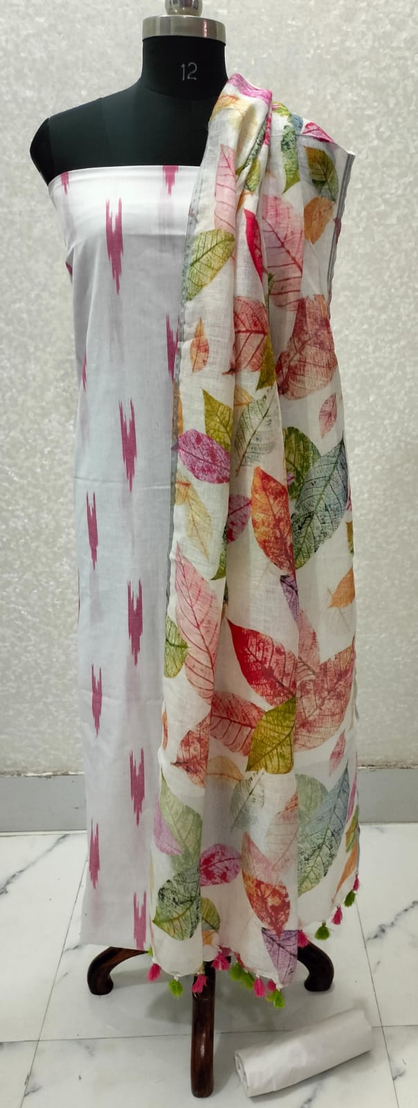 White Handloom Ikkat Top and Printed Linen Dupatta 2Pc Unstitched Dress Material