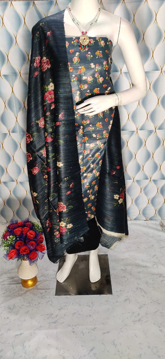 Black Shade Handloom Tussar Silk Digital printed Unstitched  2PC Dress Material